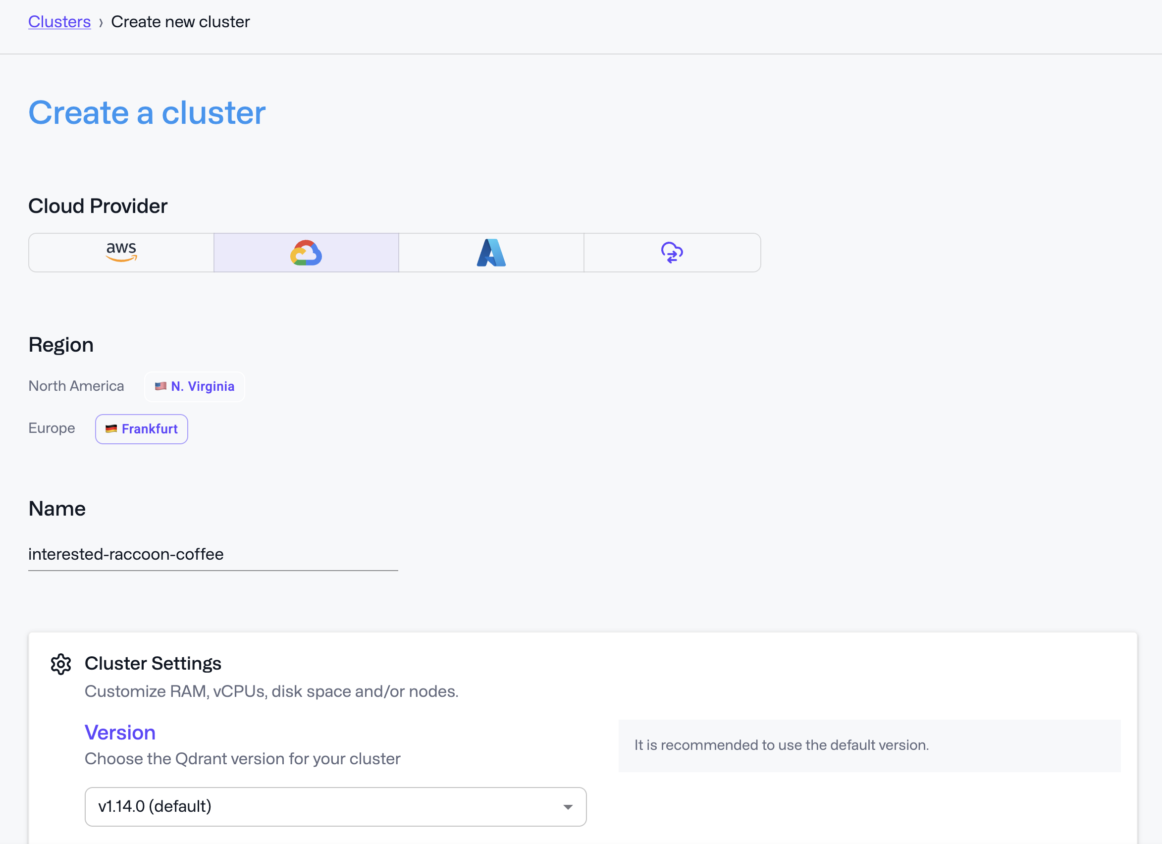 Create Cluster Page